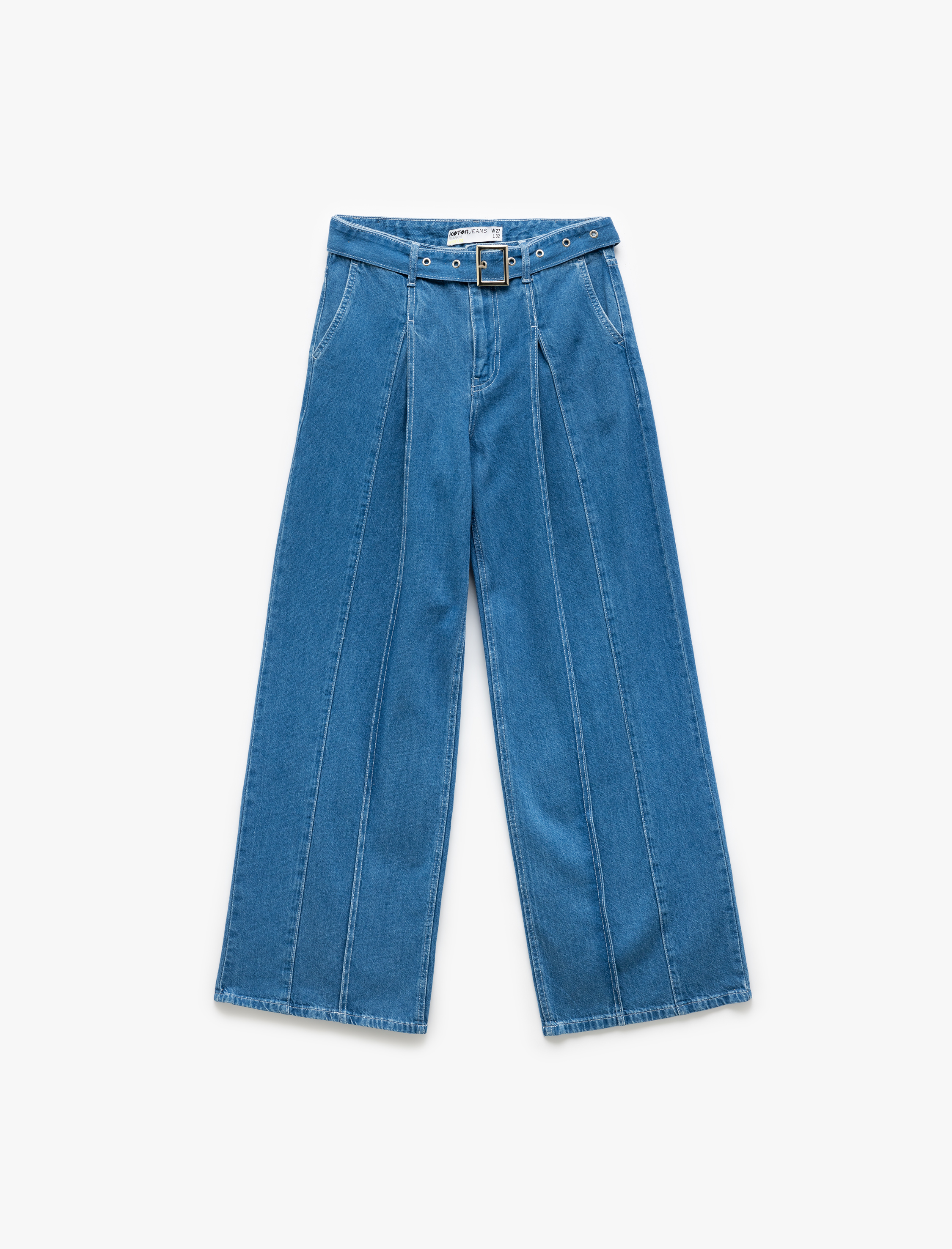   Geniş Paça Kemer Detaylı Pileli Pamuklu Jean Pantolon - Wide Leg Jeans