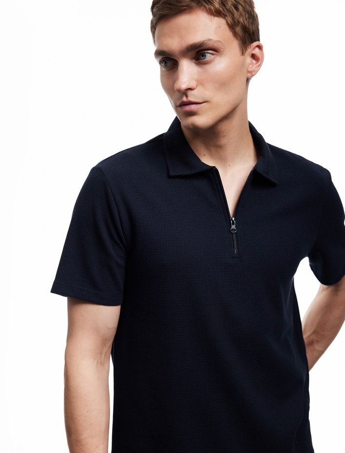  Kısa Kollu Waffle Dokulu Regular Fit Basic Yarım Fermuarlı Polo Yaka Tişört