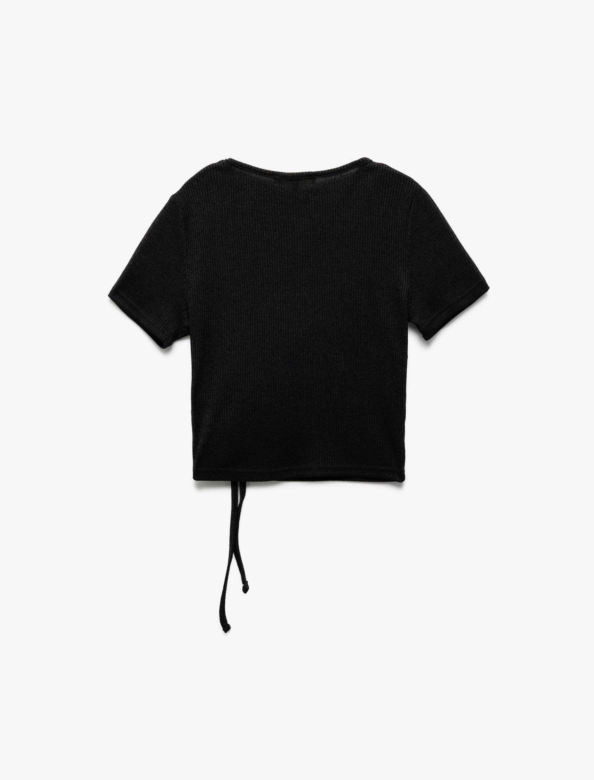   Slim Fit Büzgülü Bağlama Detaylı Kısa Kollu Kare Yaka Fitilli Crop Tişört