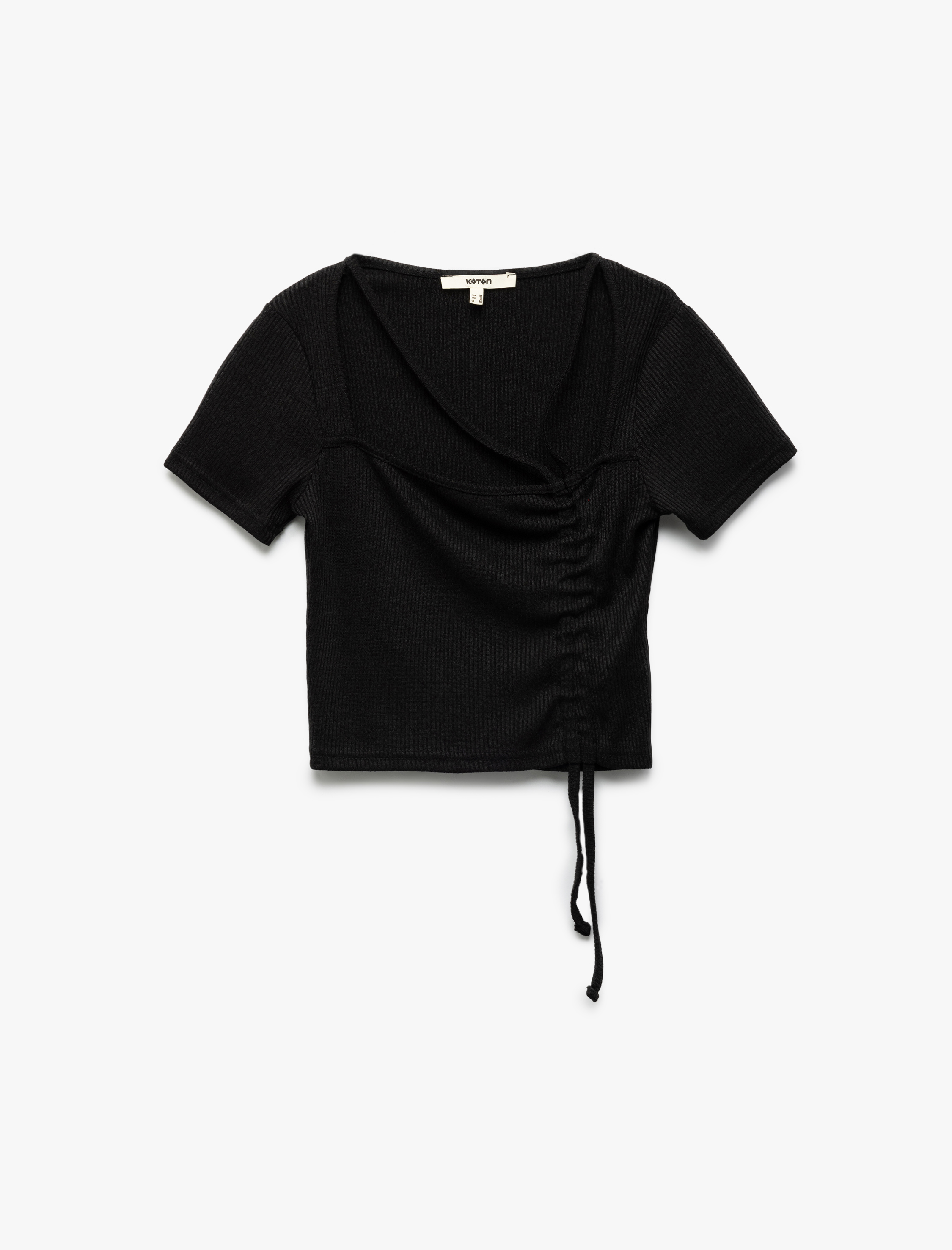   Slim Fit Büzgülü Bağlama Detaylı Kısa Kollu Kare Yaka Fitilli Crop Tişört