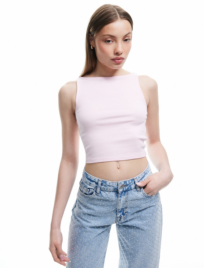  Kayık Yaka Kolsuz Kaşkorse Crop Üst