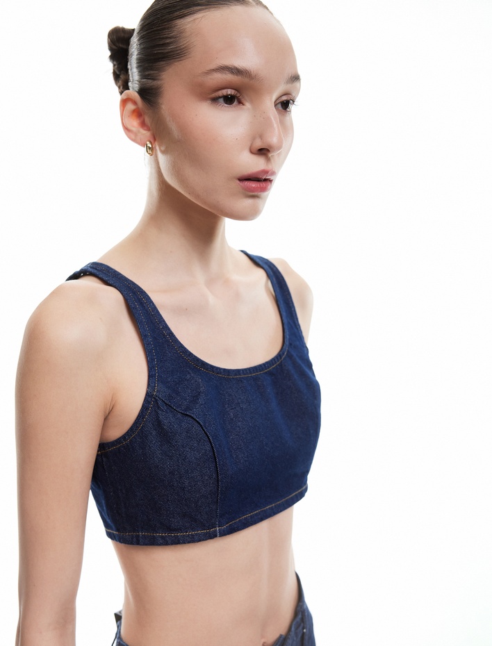  Pamuklu Dar Kesim Fermuarlı U Yaka Kolsuz Denim Crop Üst