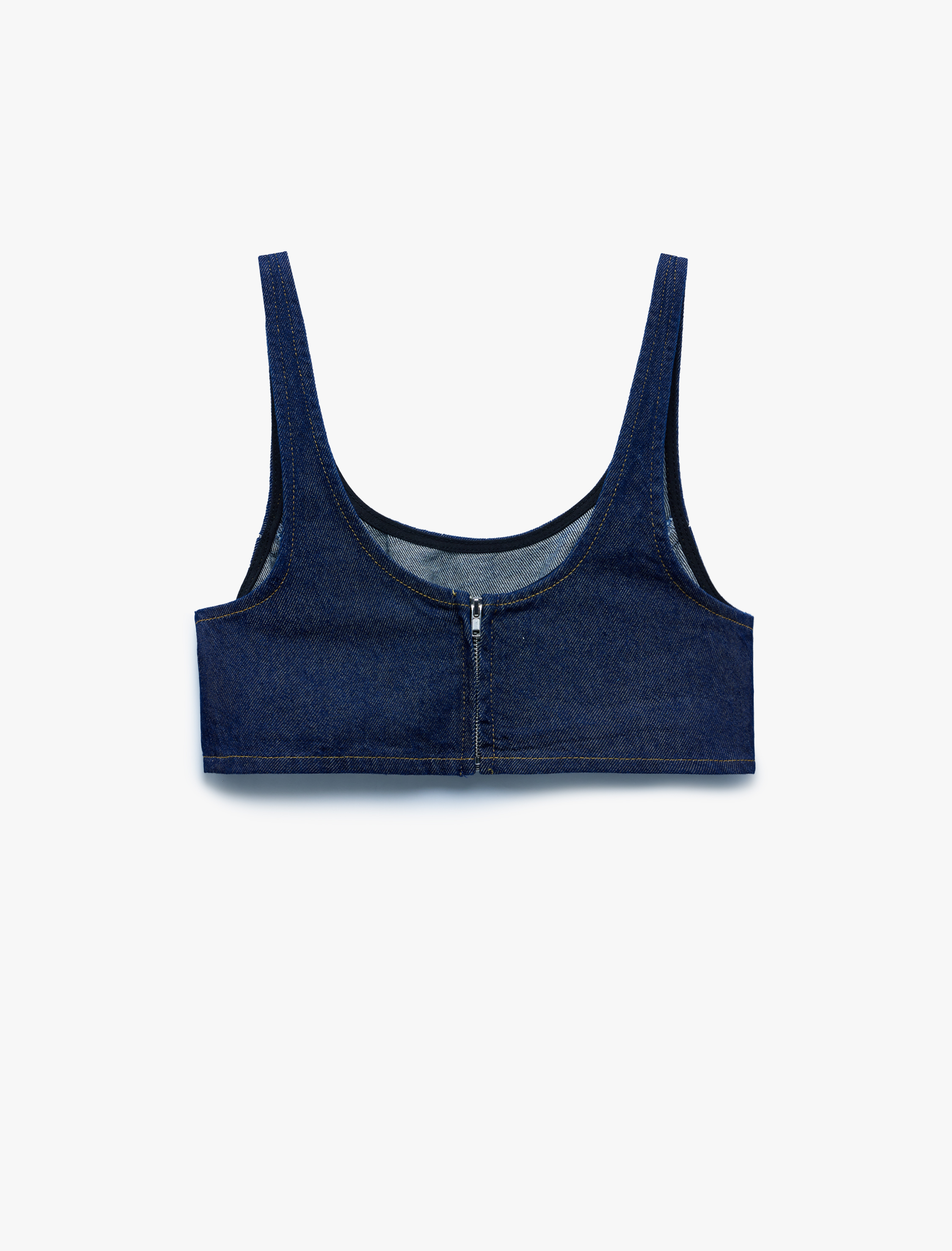   Pamuklu Dar Kesim Fermuarlı U Yaka Kolsuz Denim Crop Üst