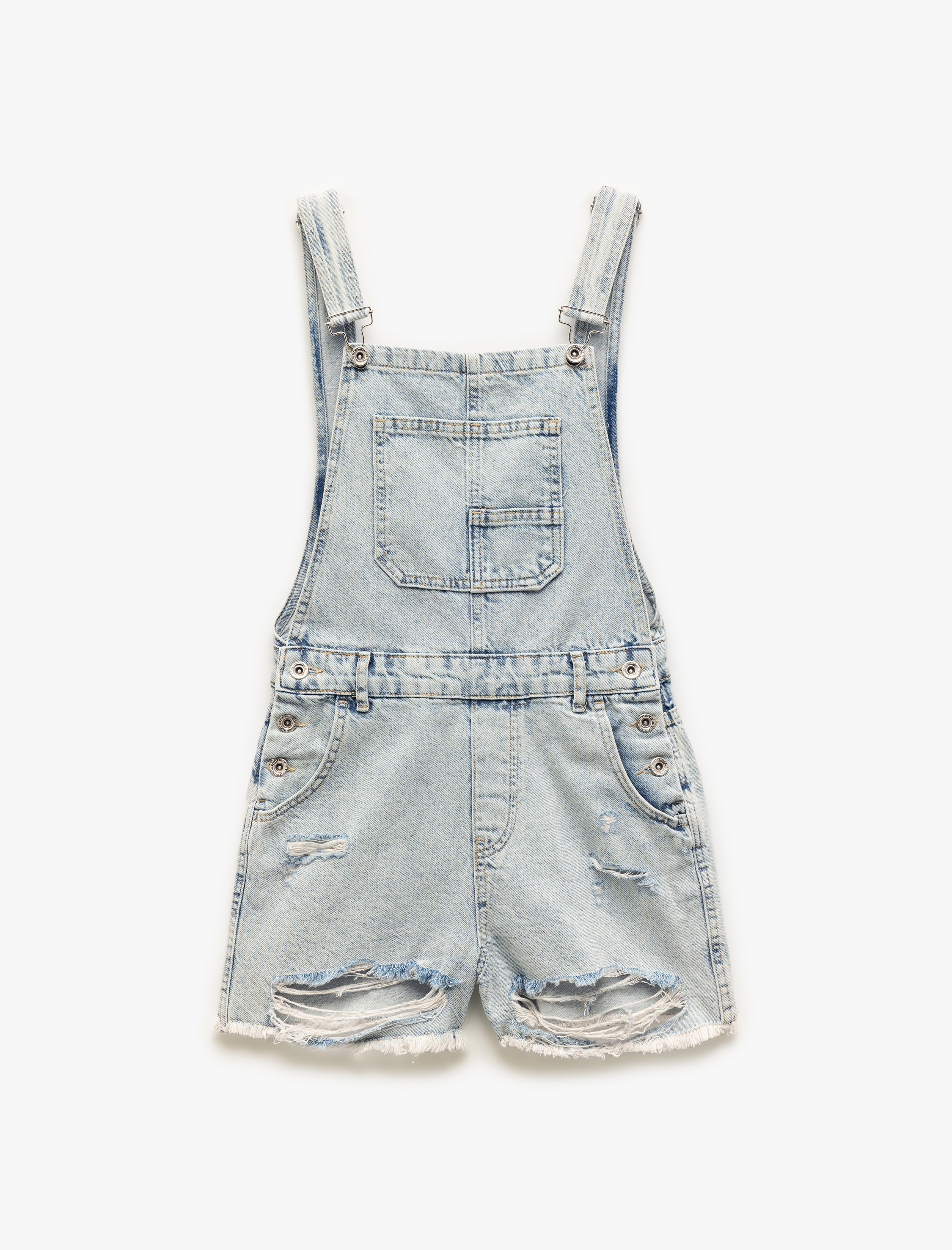   Yıpratma Detaylı Cepli Rahat Kesim Mini Askılı Denim Şort Salopet