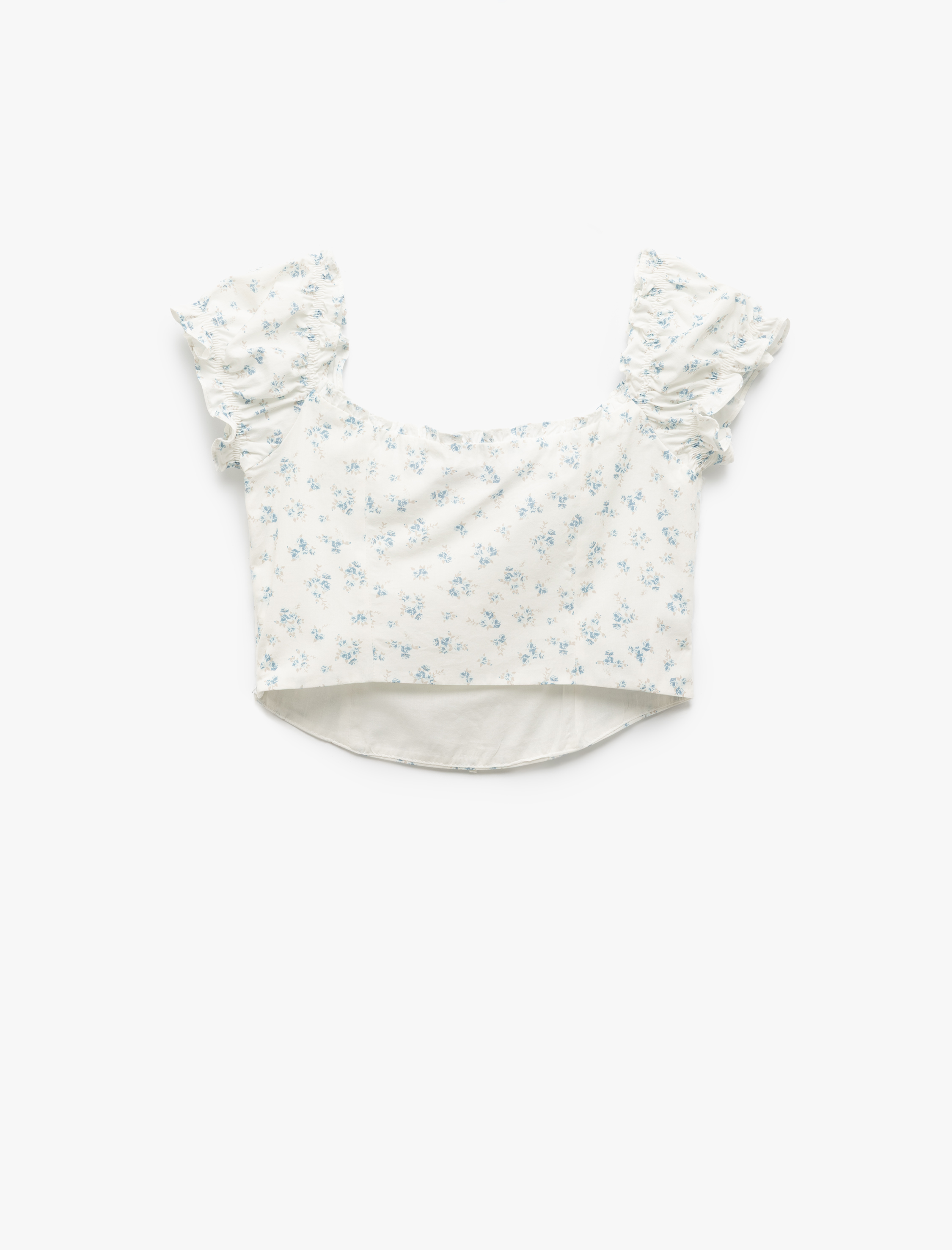   Kayık Yaka Bağcık Detaylı Fermuarlı Çiçekli Dar Kesim Poplin Crop Bluz