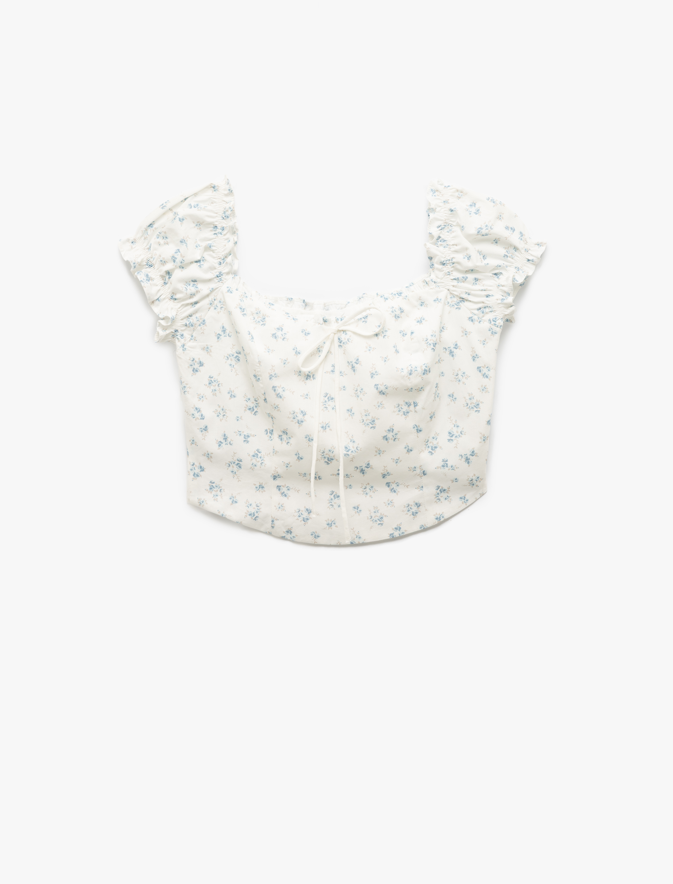   Kayık Yaka Bağcık Detaylı Fermuarlı Çiçekli Dar Kesim Poplin Crop Bluz