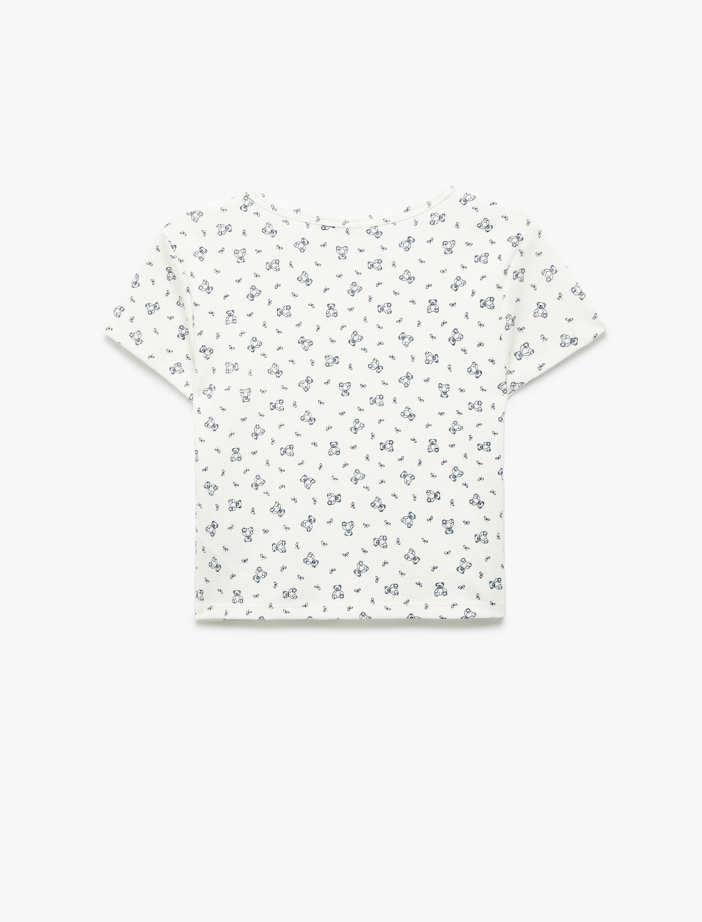  Pamuklu Ayıcık Baskılı Kısa Kollu Bisiklet Yaka Pijama Üstü
