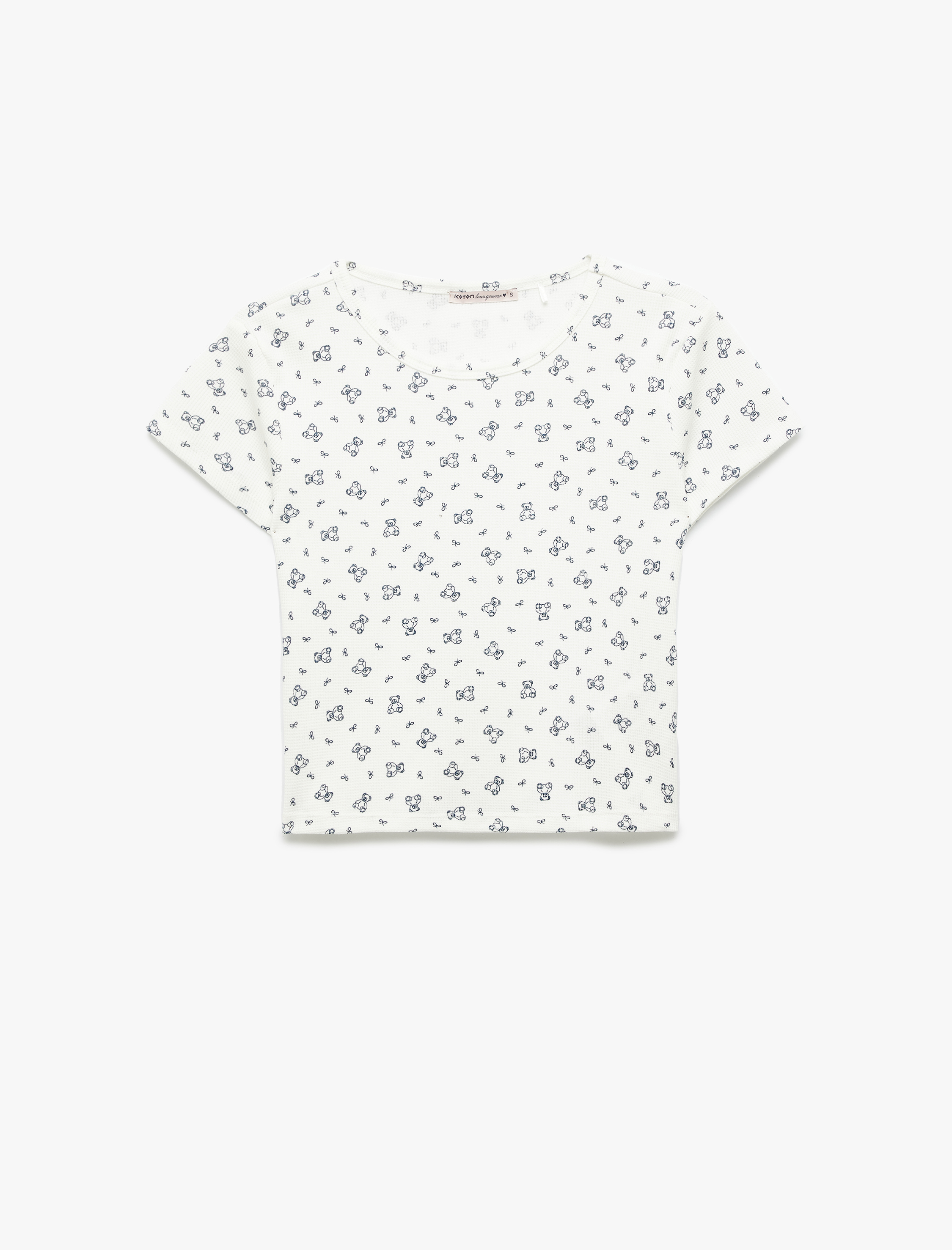   Pamuklu Ayıcık Baskılı Kısa Kollu Bisiklet Yaka Pijama Üstü