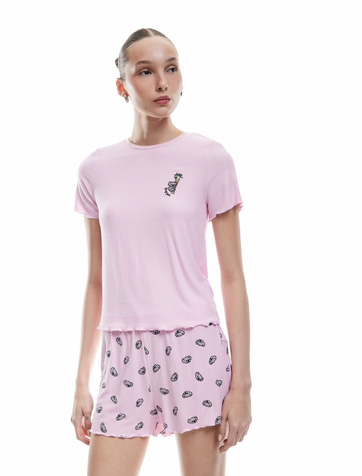 Viskon Bisiklet Yaka Koala Baskılı Şortlu Pijama Takımı