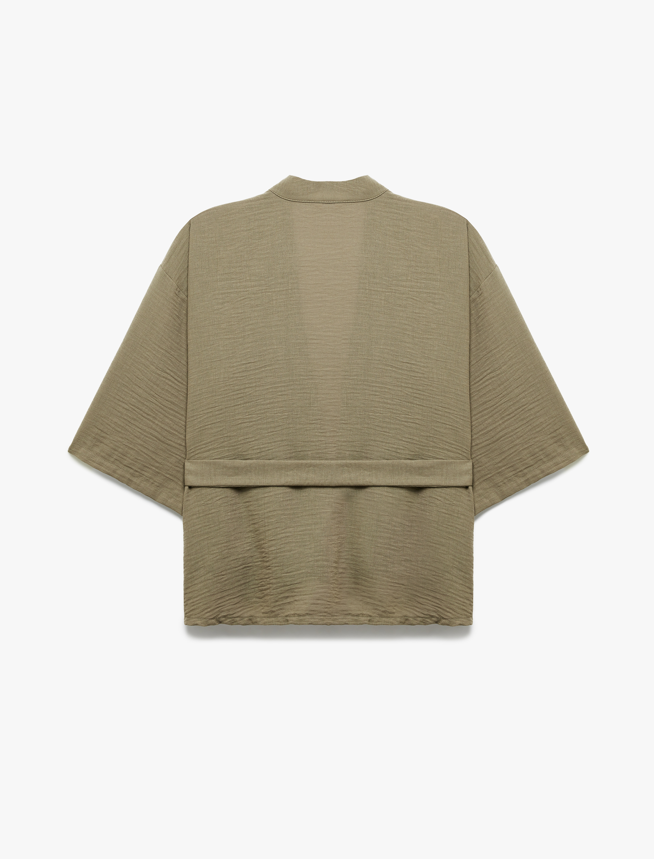   Kruvaze Beli Bağcıklı Kısa Geniş Kollu Kimono