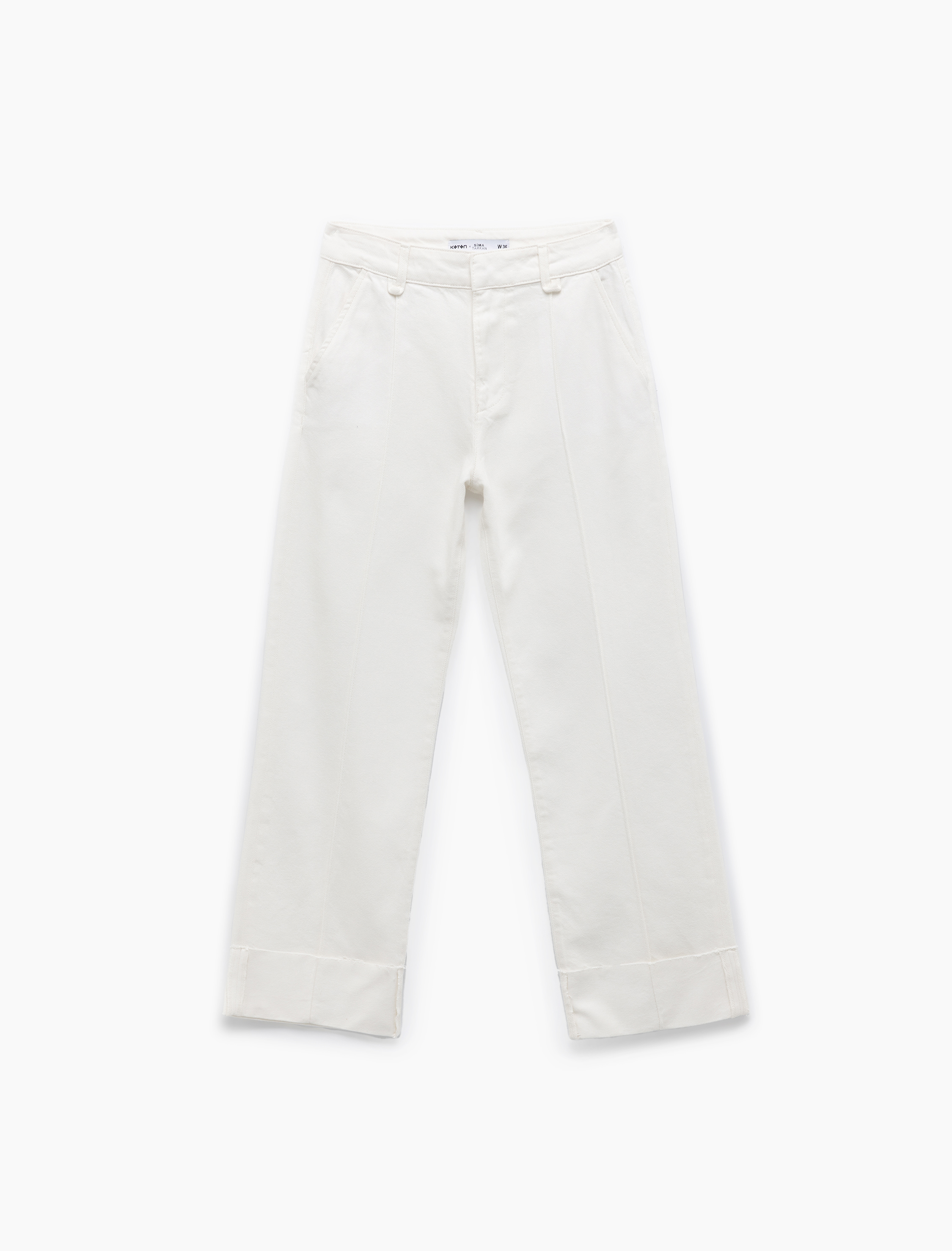   Nervürlü Yüksek Bel Düz Katlı Paça Denim Pantolon - Straight Fit Jean