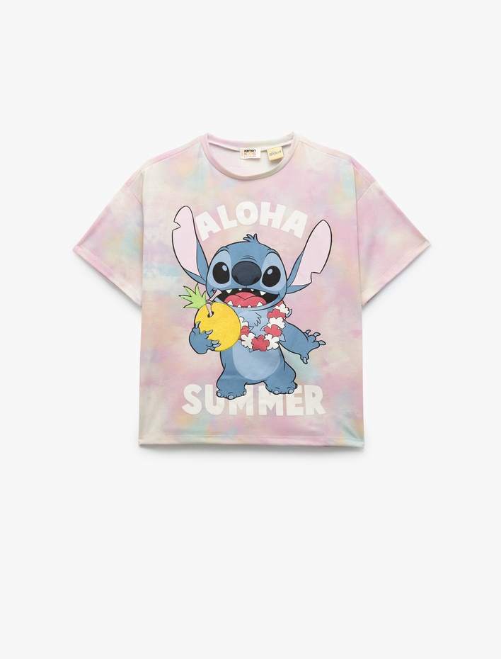 Kız Çocuk Lisanslı Stitch Baskılı Bisiklet Yaka Kısa Kollu Tişört