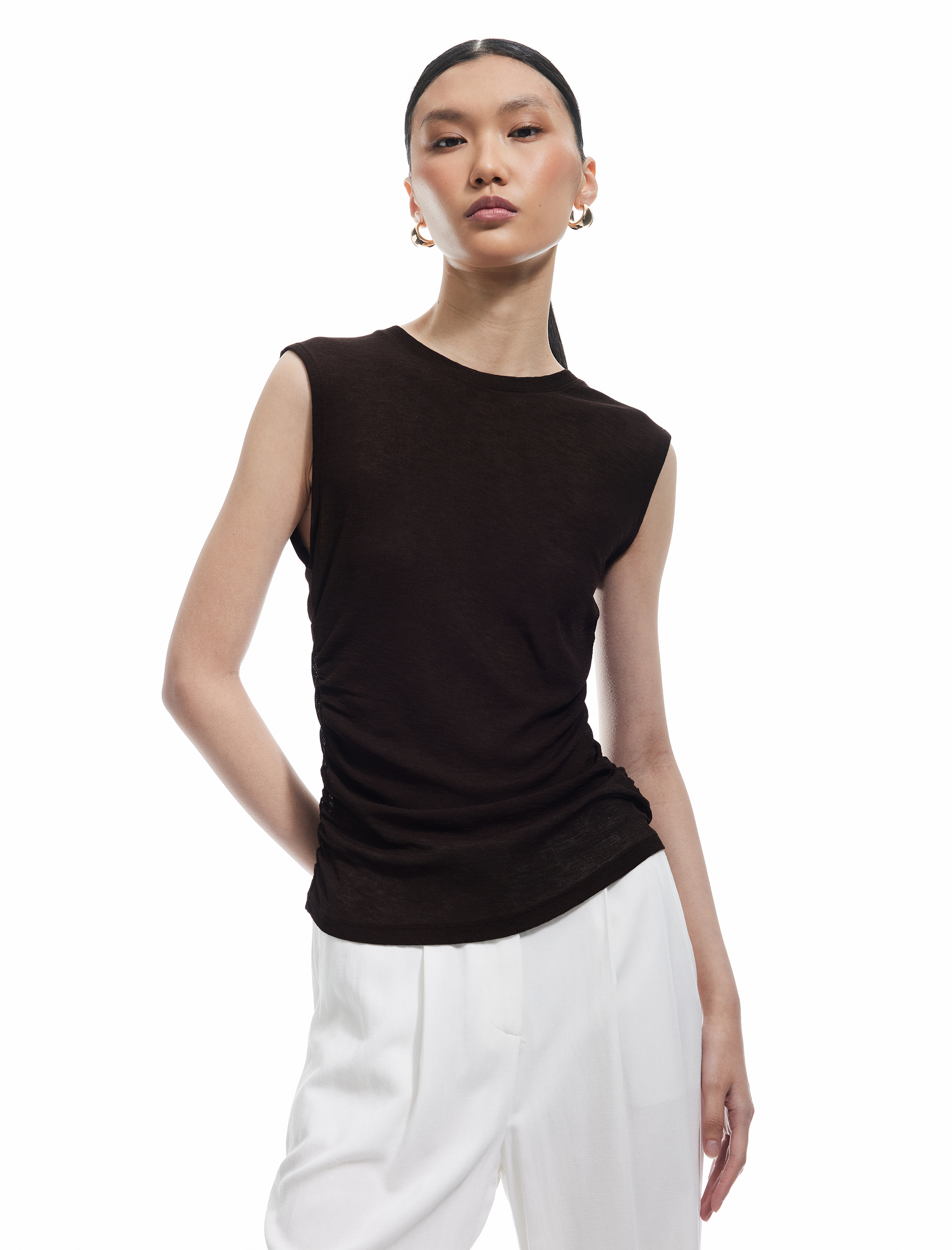   Slim Fit Drapeli Bisiklet Yaka Kolsuz Bluz