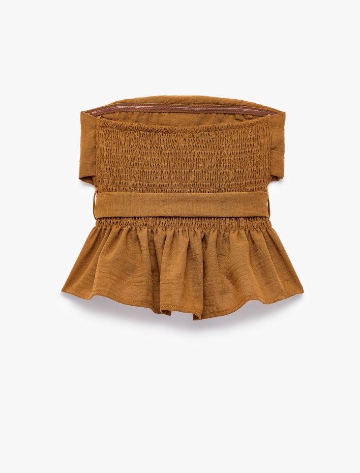  Keten Görünümlü Gipeli Kat Detaylı Kemerli Crop Straplez Top