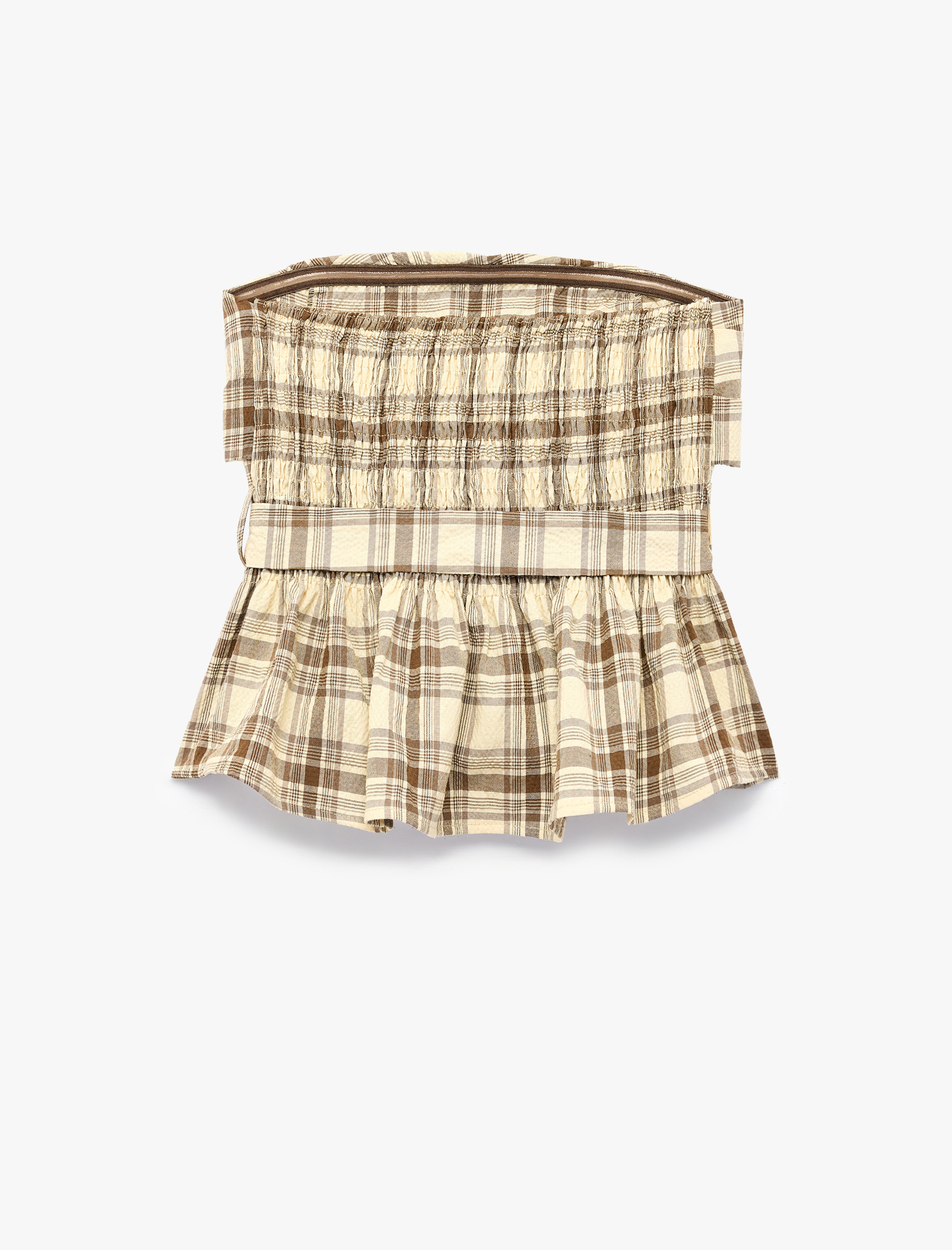   Gipeli Kat Detaylı Kemerli Ekose Straplez Crop Top
