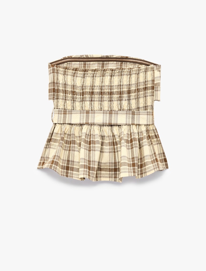  Gipeli Kat Detaylı Kemerli Ekose Straplez Crop Top