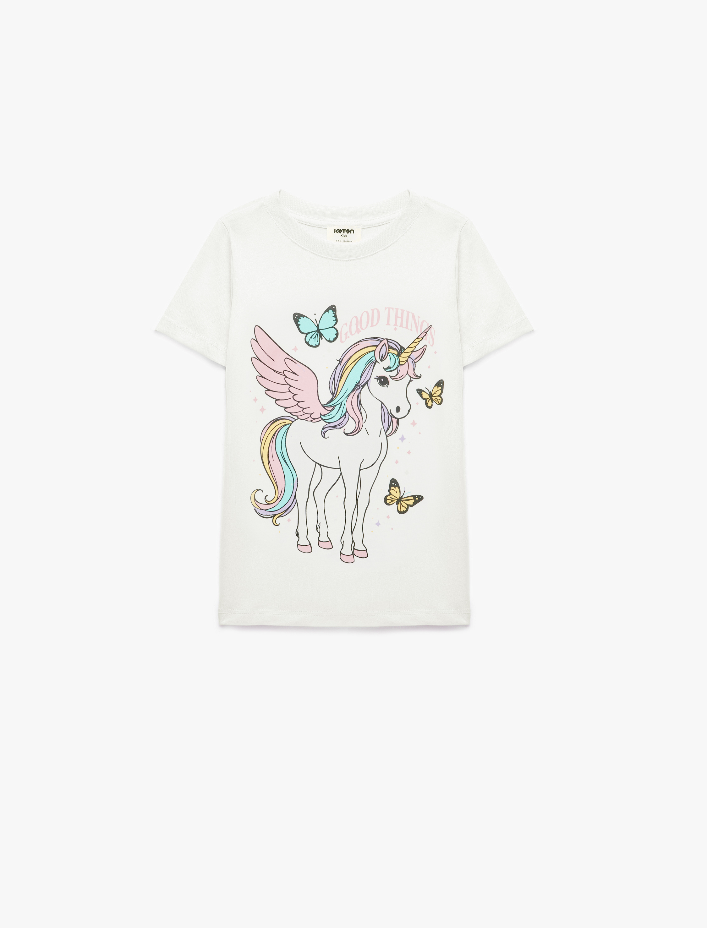  Kız Çocuk Unicorn Baskılı Bisiklet Yaka Kısa Kollu Pamuklu Tişört