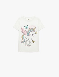 Unicorn Baskılı Bisiklet Yaka Kısa Kollu Pamuklu Tişört