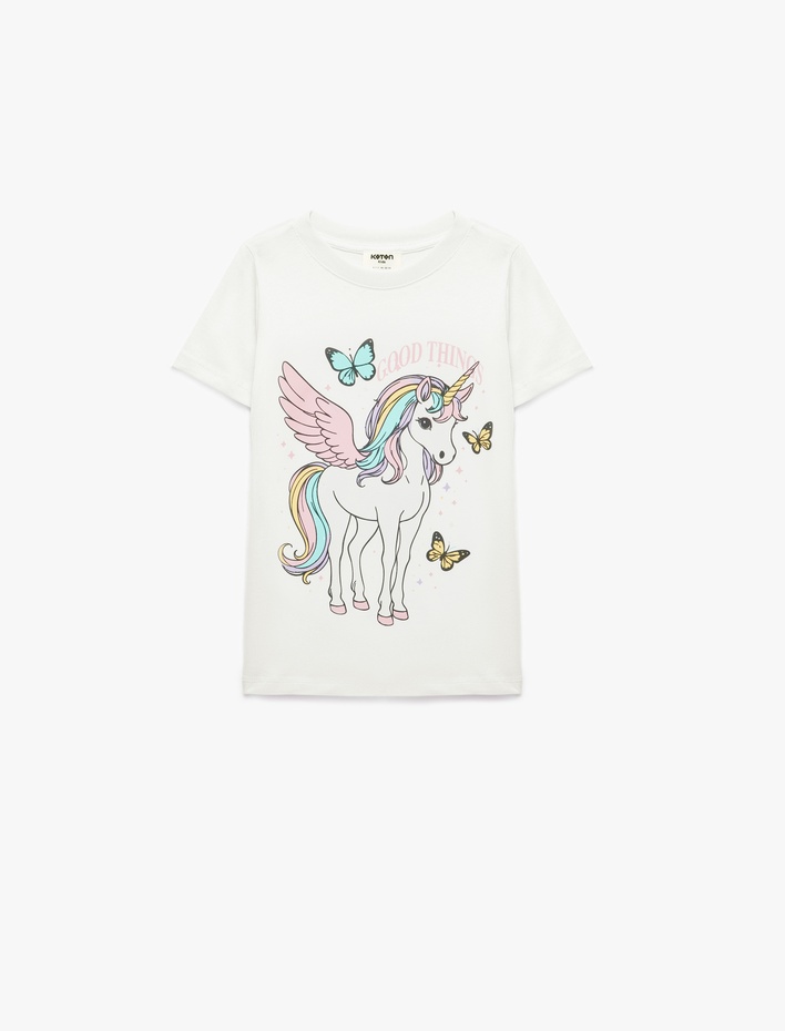 Kız Çocuk Unicorn Baskılı Bisiklet Yaka Kısa Kollu Pamuklu Tişört