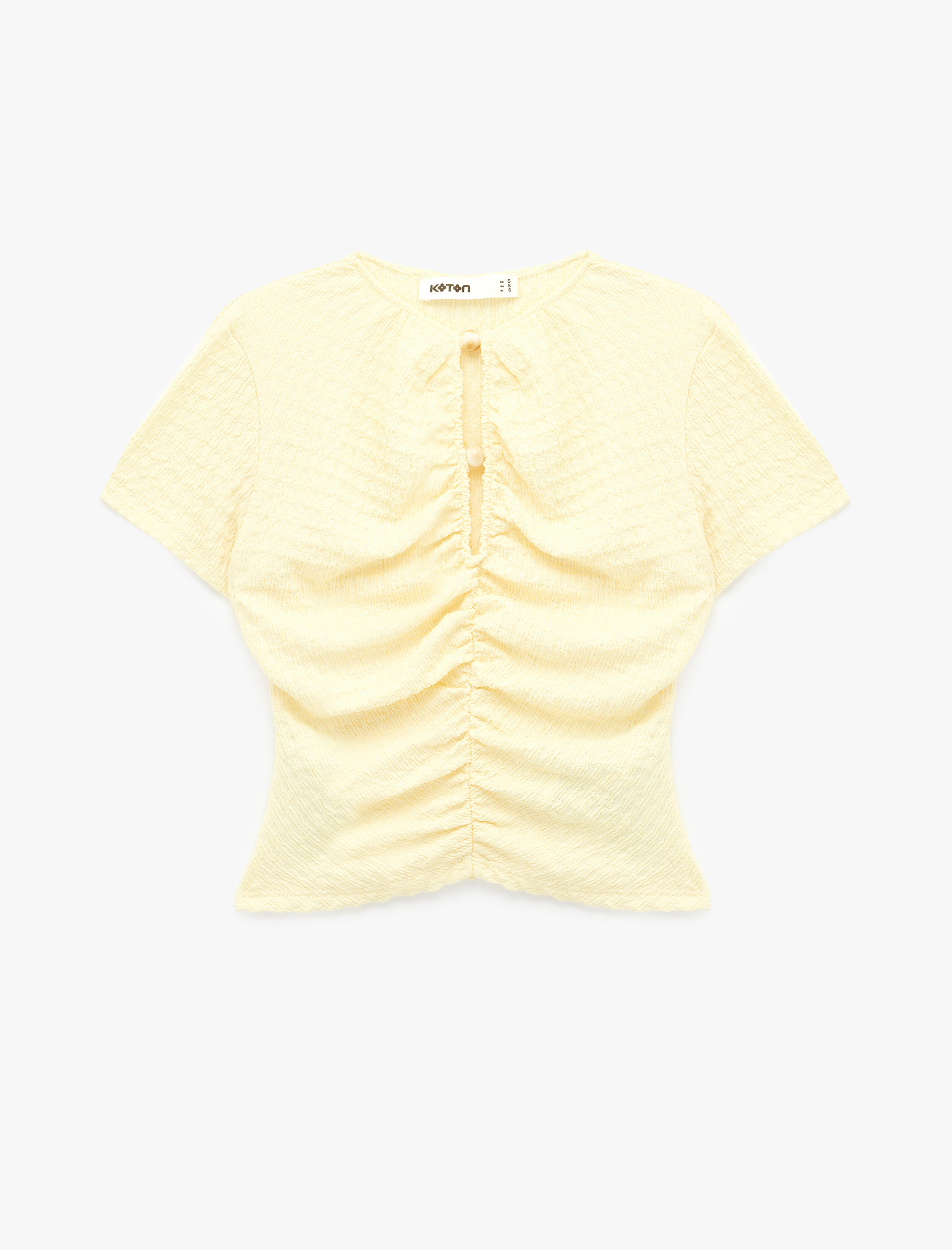   Bürümcük Kumaş Dokulu Slim Fit Kısa Kollu Pencere Detaylı Drapeli Bluz