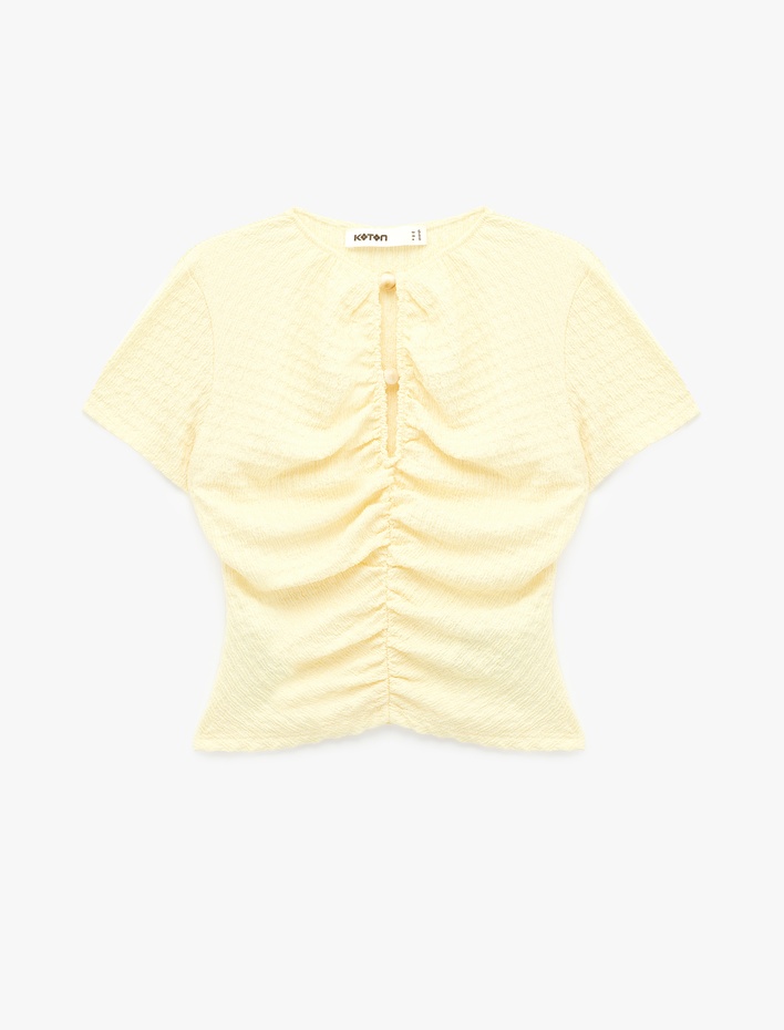  Bürümcük Kumaş Dokulu Slim Fit Kısa Kollu Pencere Detaylı Drapeli Bluz