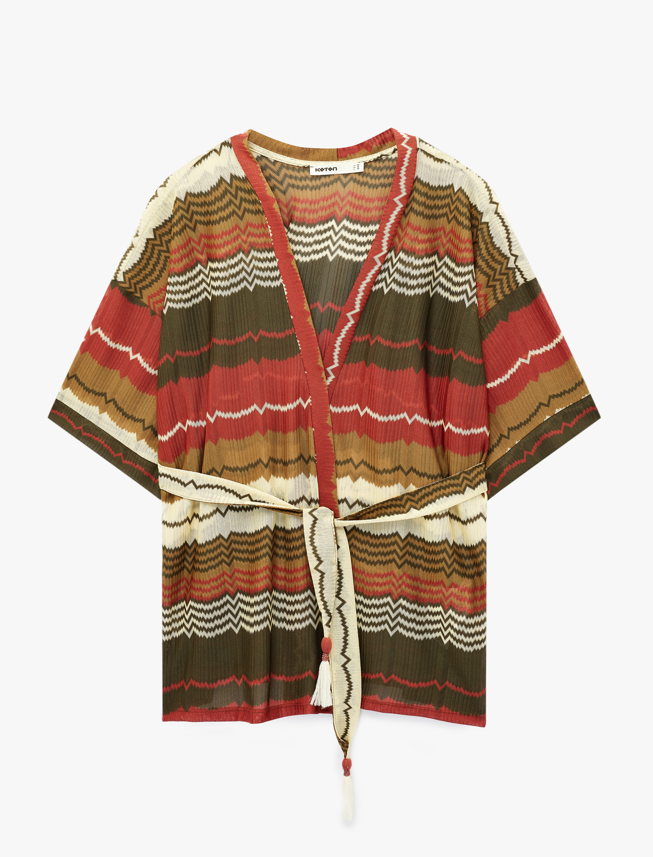   Kısa Kollu Kemerli Desenli Oversize Kimono