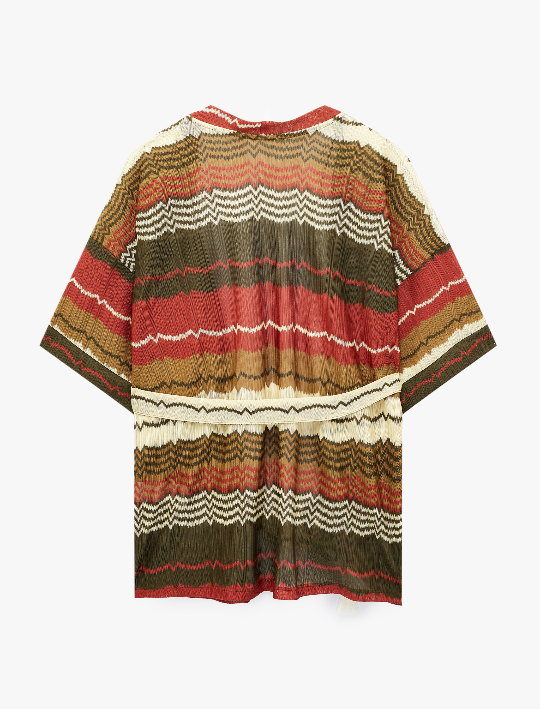   Kısa Kollu Kemerli Desenli Oversize Kimono