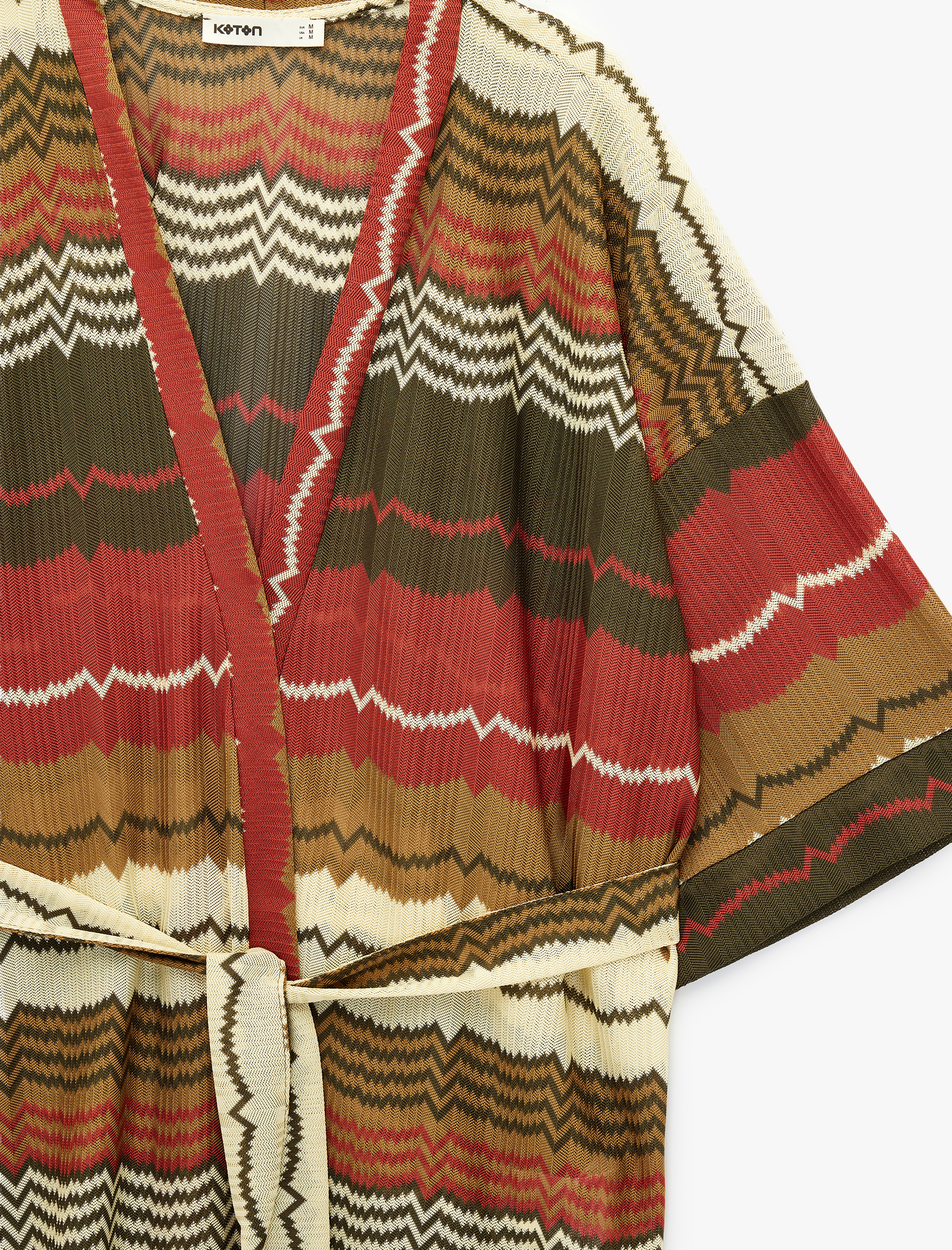   Kısa Kollu Kemerli Desenli Oversize Kimono