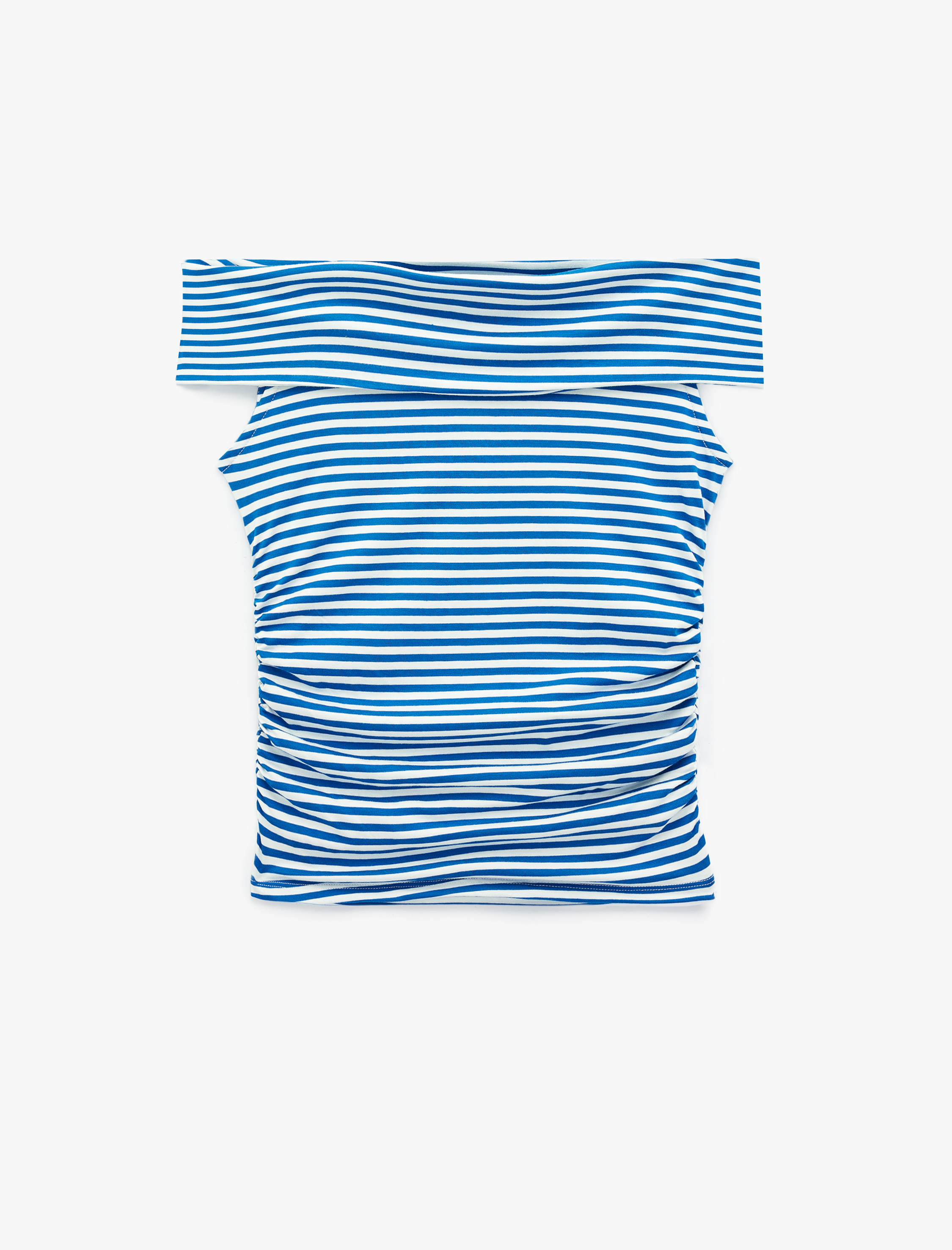   Koton X Sibil Çetinkaya - Slim Fit Drape Detaylı Çizgili Omzu Açık Bluz