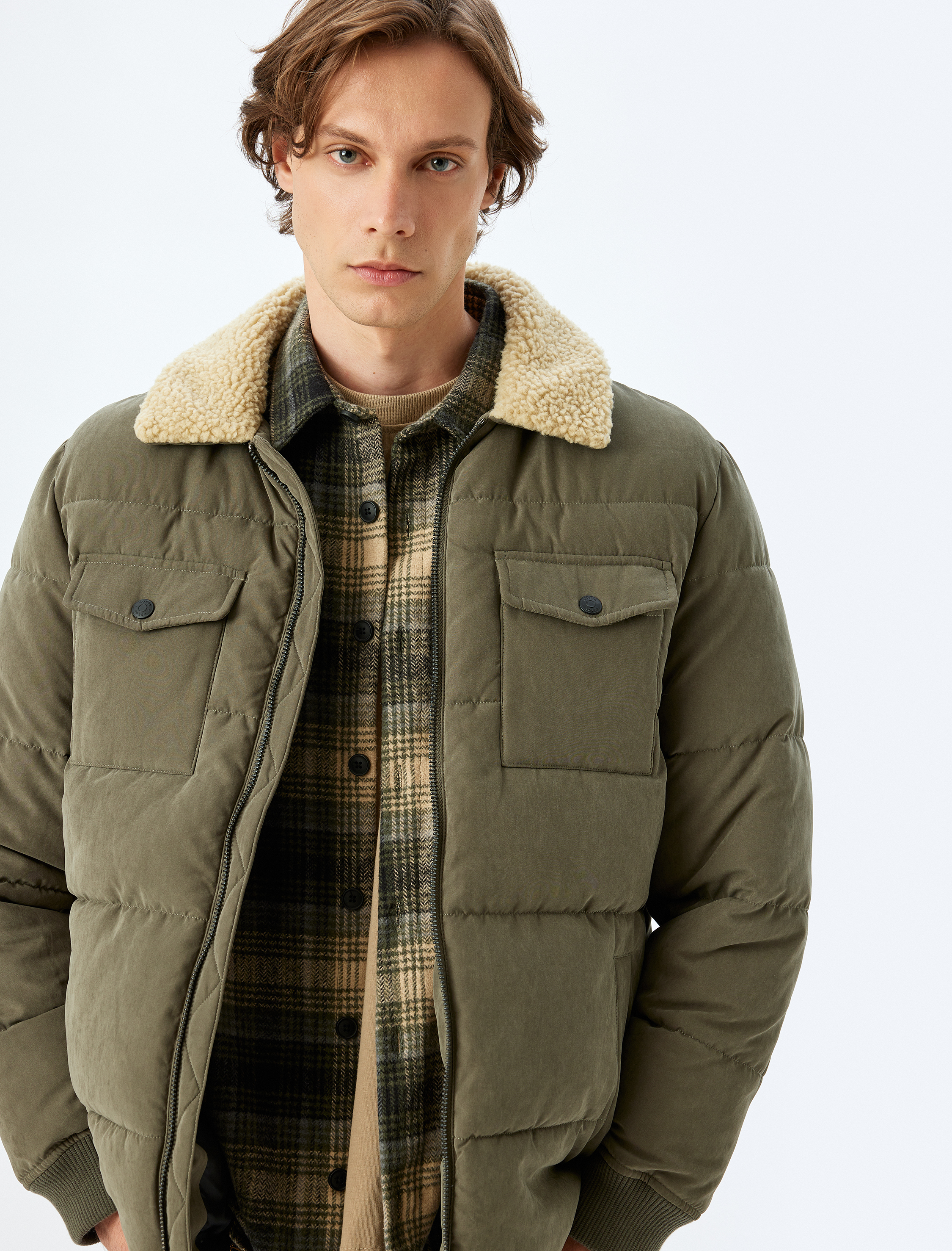   Slim Fit Şişme Mont Peluş Yaka Detaylı Fermuarlı