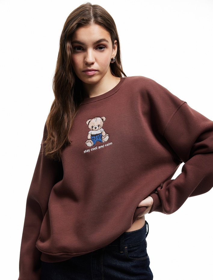  Ayıcık Nakışlı Şardonlu Uzun Kollu Bisiklet Yaka Oversize Sweatshirt