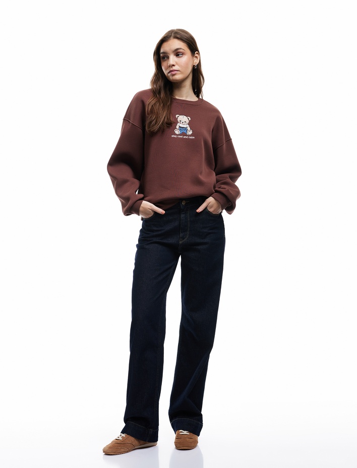  Ayıcık Nakışlı Şardonlu Uzun Kollu Bisiklet Yaka Oversize Sweatshirt