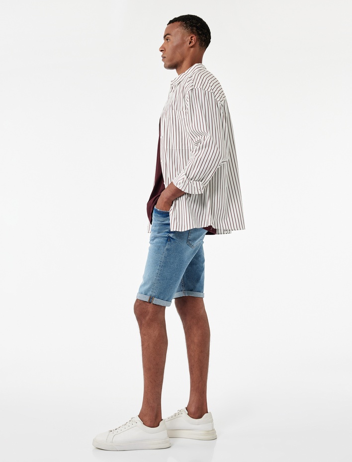  Katlamalı Paça Cep Detaylı Pamuklu Slim Fit Jean Şort