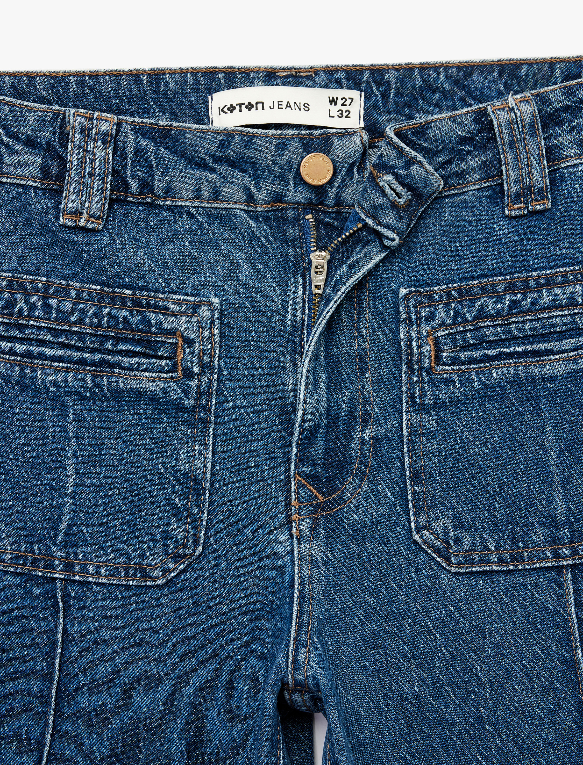   Rahat Kalıp Cep Detaylı Nervürlü Geniş Paça Jean Pantolon -  Wide Leg Jeans