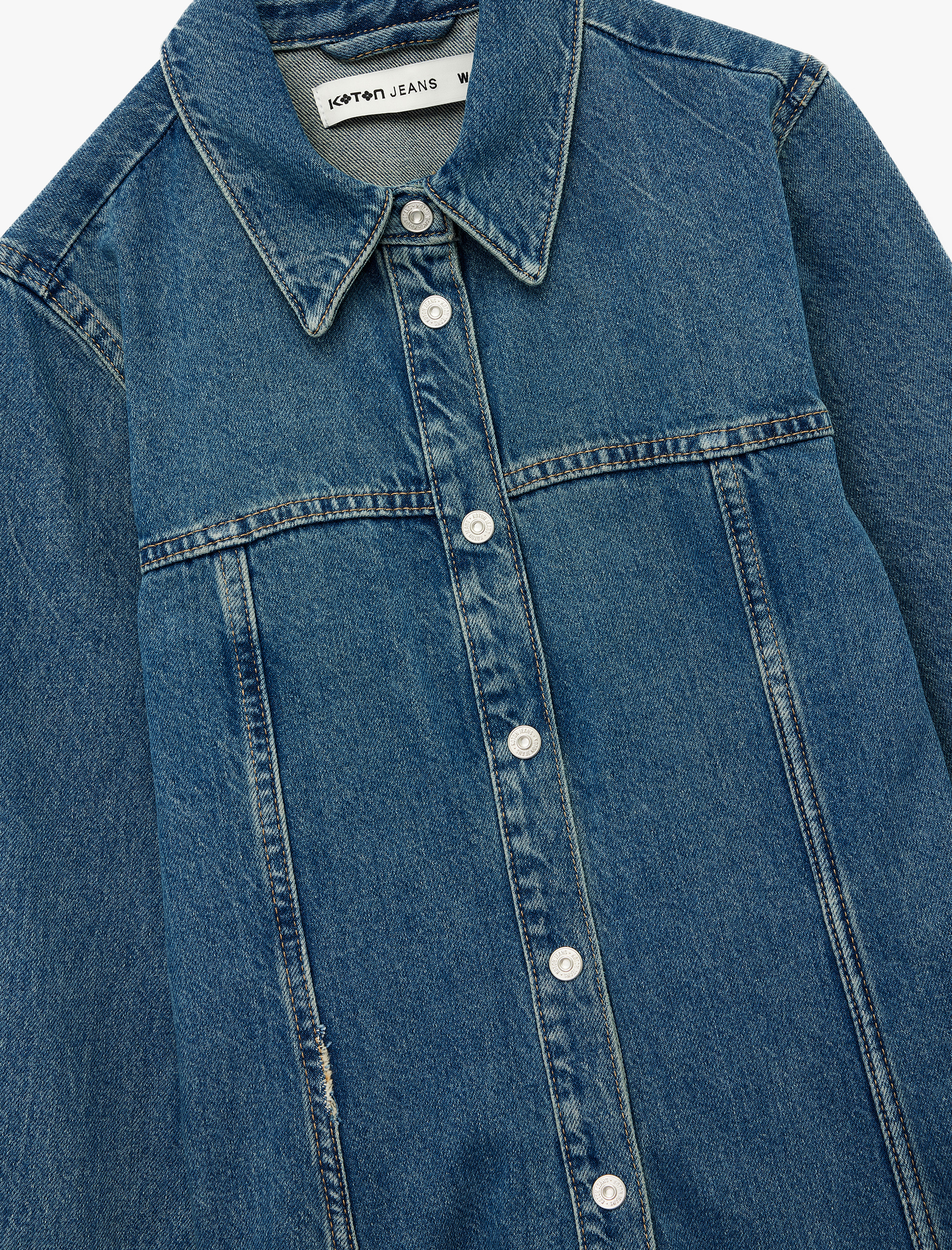 Koton Pamuklu Uzun Kollu Klasik Yaka Düğmeli Volanlı Mini Denim Elbise görsel 5