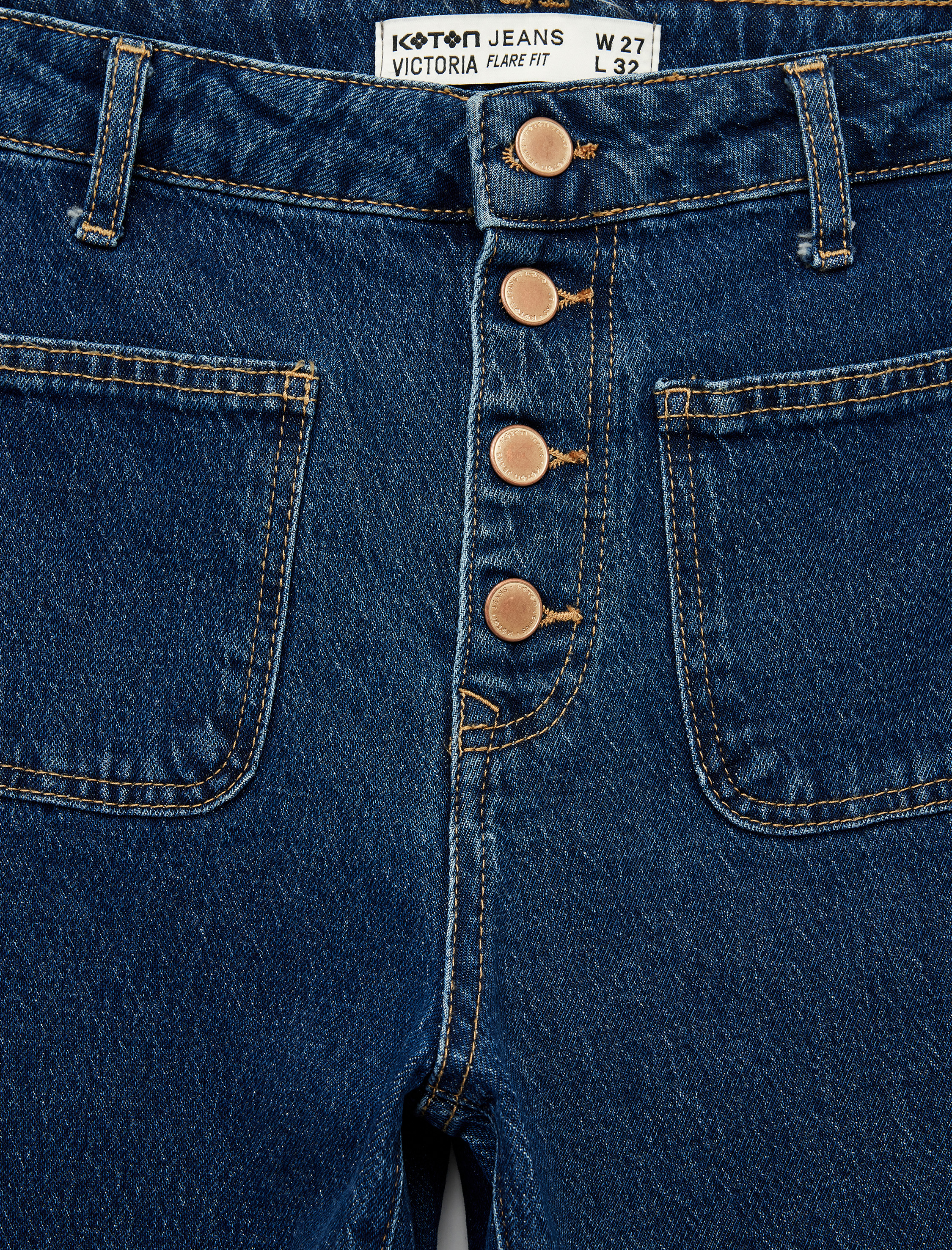   Yüksek Bel Düğmeli Dar Kesim Cep Detaylı Pamuklu İspanyol Paça Jean Pantolon - Flare Jeans