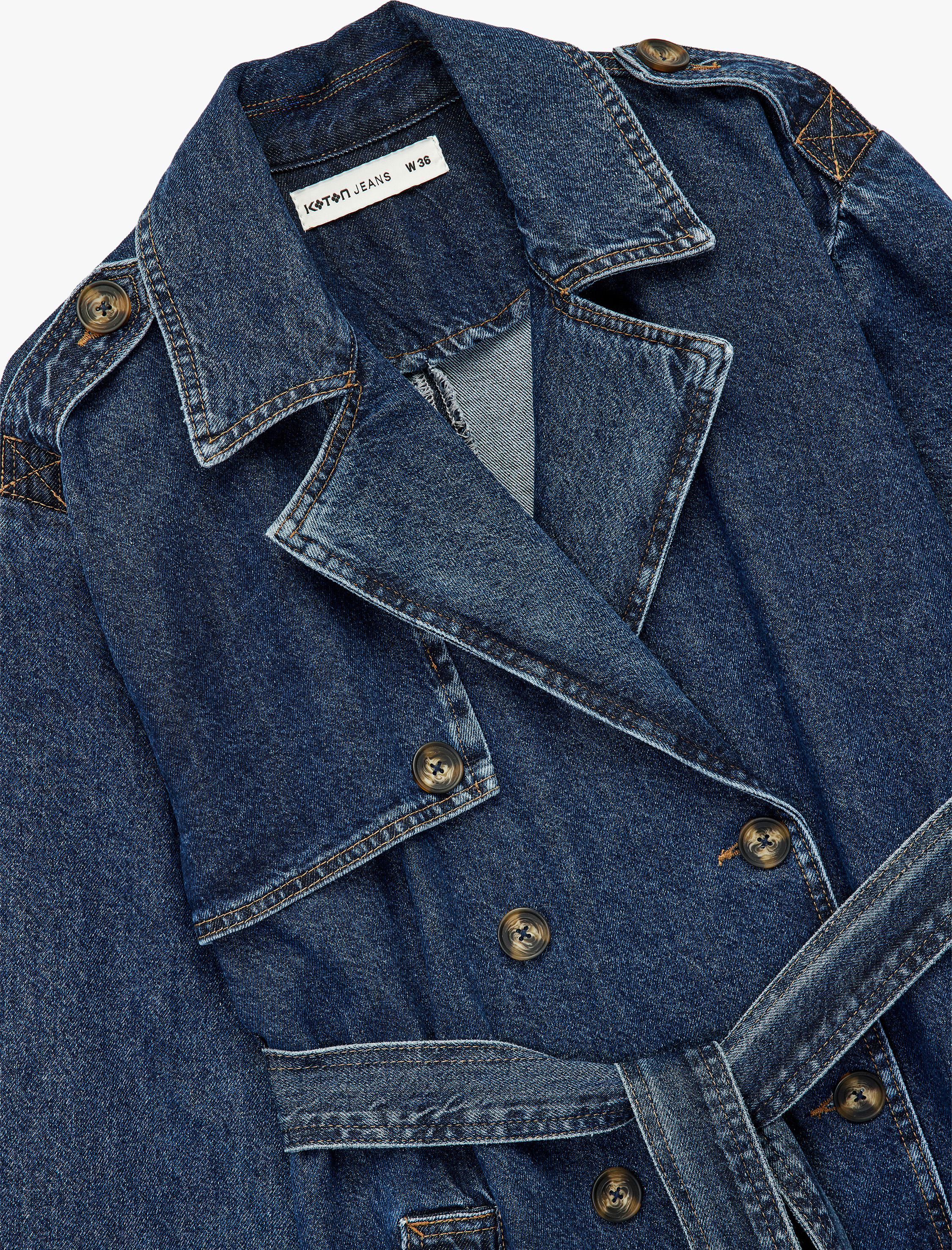   Düğmeli Kemer Detaylı Kruvaze Yaka Uzun Denim Ceket