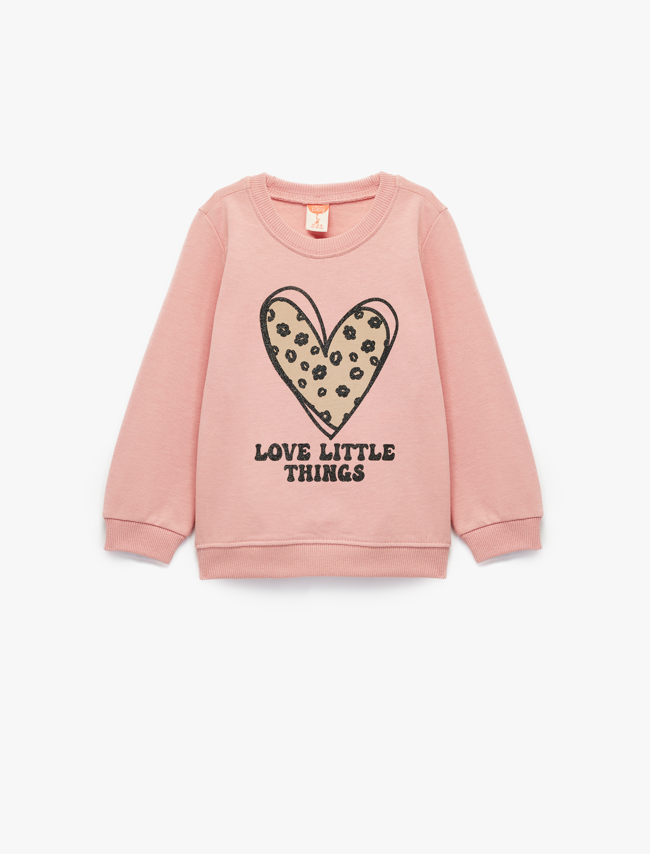  Kız Bebek Pamuklu Uzun Kollu Bisiklet Yaka Kalp Baskılı Şardonlu Sweatshirt