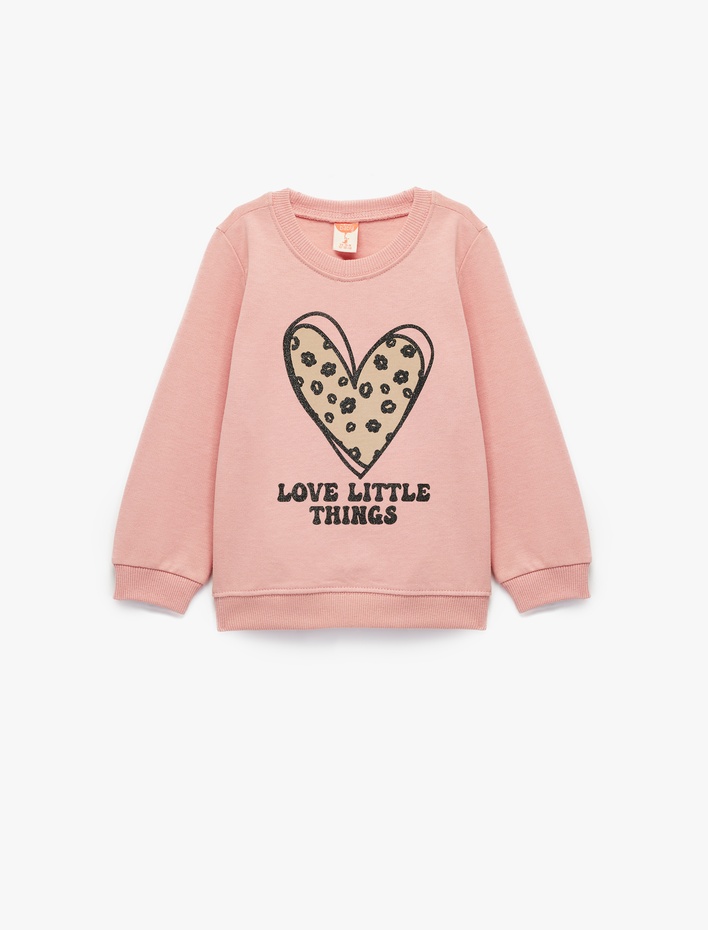 Kız Bebek Pamuklu Uzun Kollu Bisiklet Yaka Kalp Baskılı Şardonlu Sweatshirt