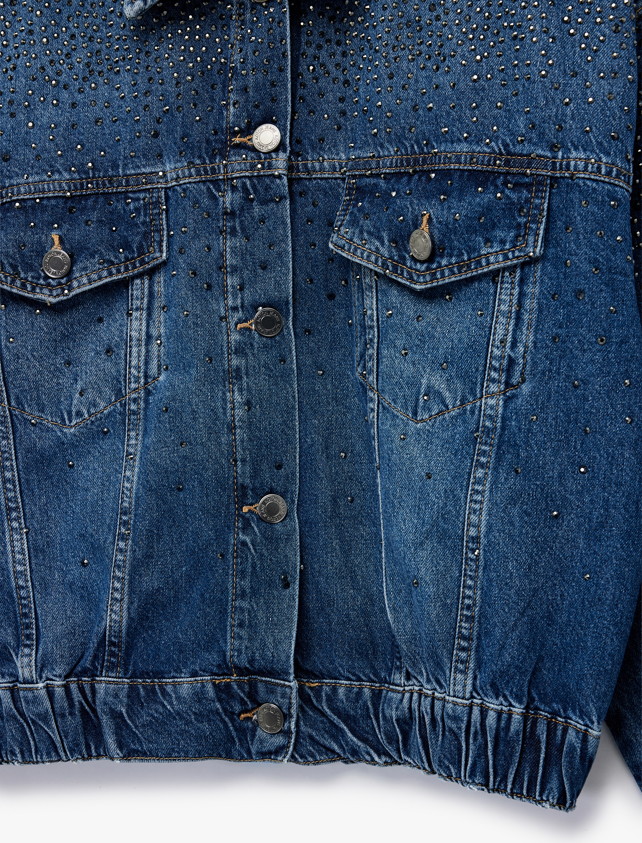   Uzun Kollu Klasik Yaka Düğmeli Cepli Taş Detaylı Denim Ceket