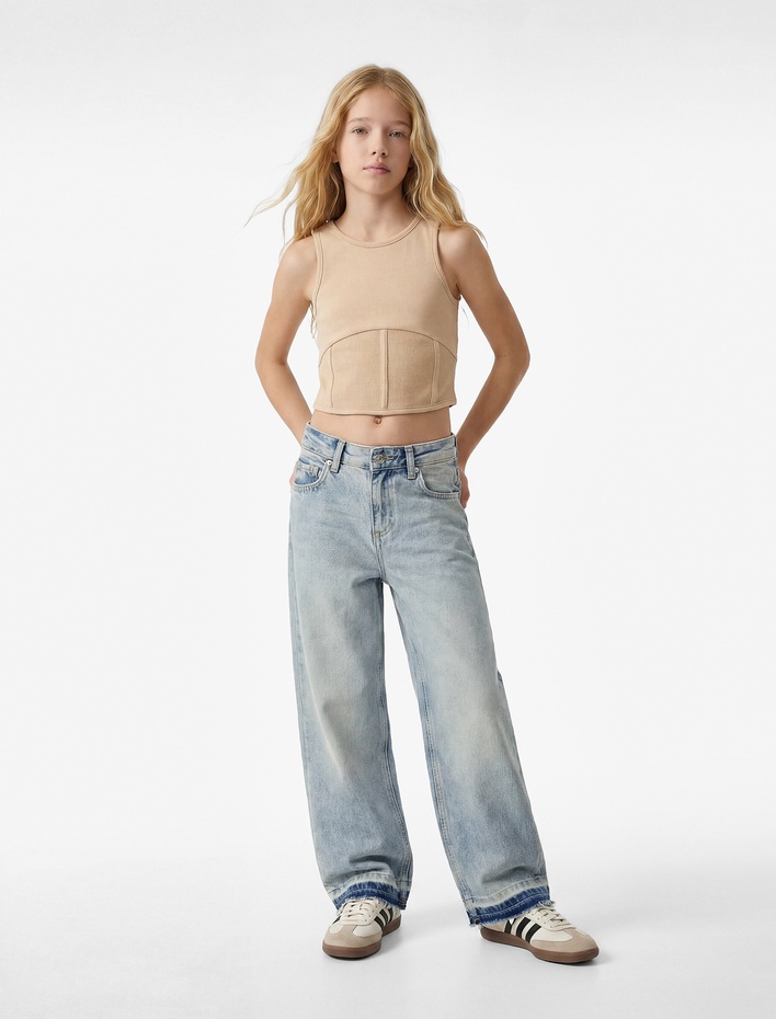 Kız Çocuk Geniş Paça Pamuklu Loose Fit Denim Pantolon