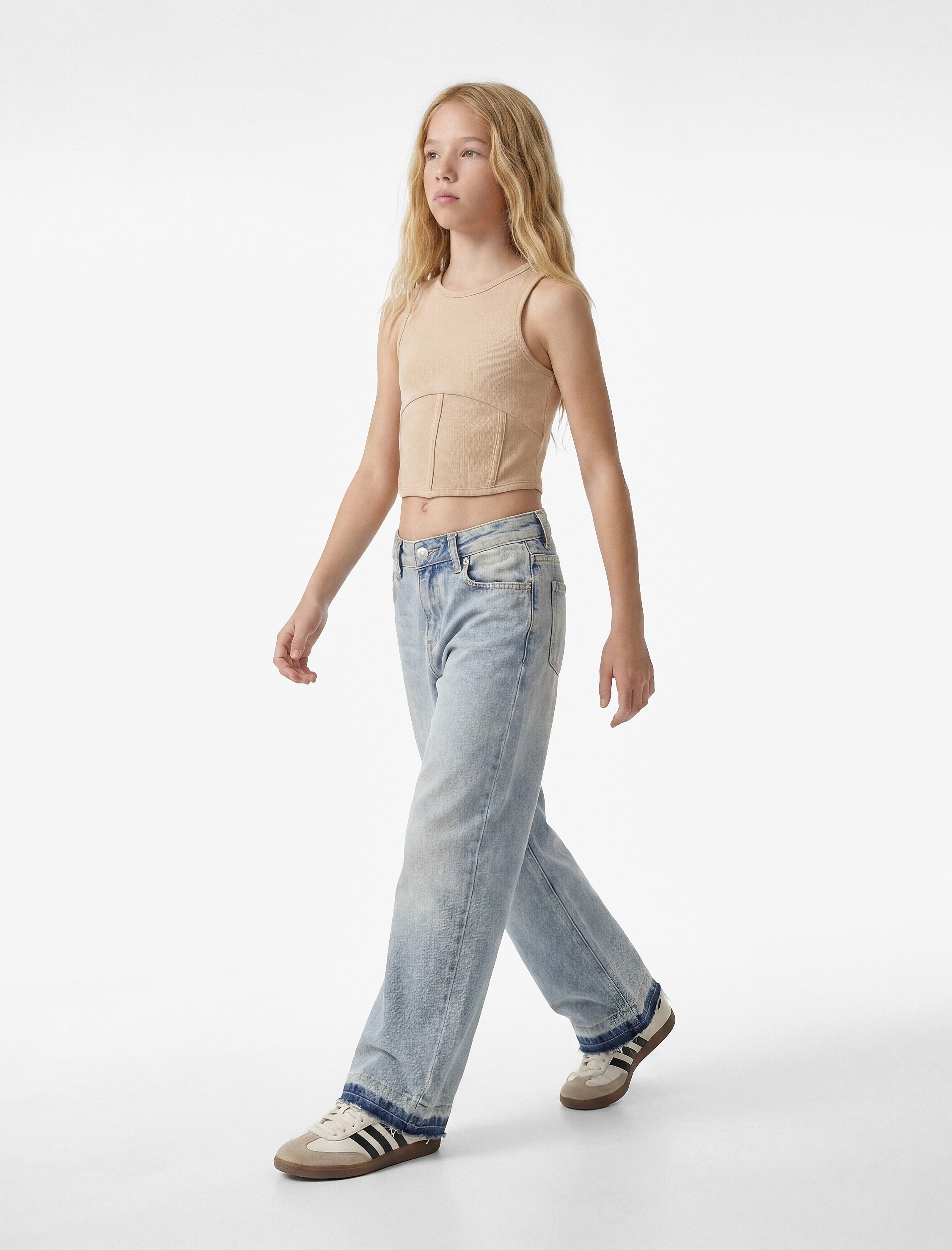  Kız Çocuk Geniş Paça Pamuklu Loose Fit Denim Pantolon