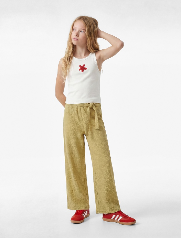 Kız Çocuk Bağlamalı Bürümcük Kumaş Geniş Paça Pantolon