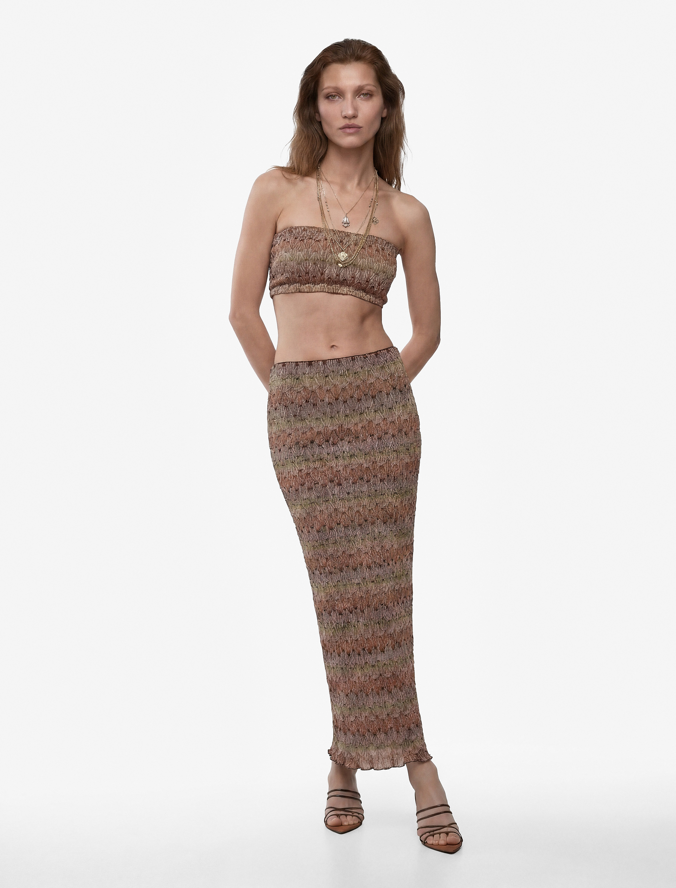   Slim Fit Desenli Straplez Crop Kroşe Top