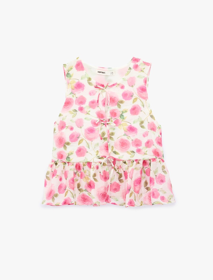  Önden Bağcıklı Fiyonklu Kolsuz Peplum Kesim Çizgili Çiçek Baskılı Şifon Bluz