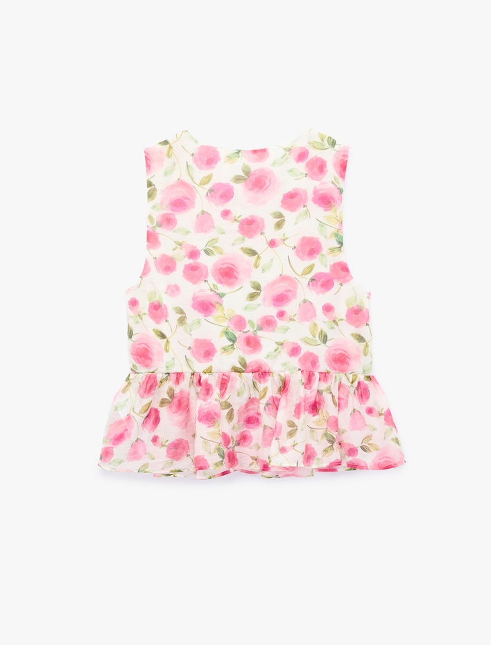 Önden Bağcıklı Fiyonklu Kolsuz Peplum Kesim Çizgili Çiçek Baskılı Şifon Bluz