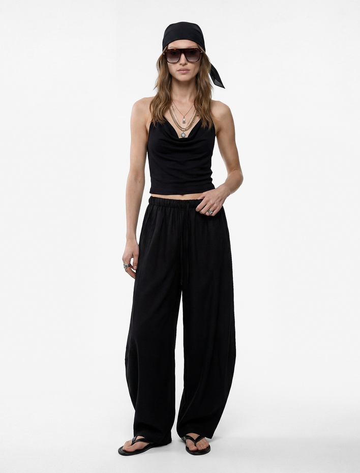  Beli Lastikli Loose Fit Cepli  Keten Balon Pantolon