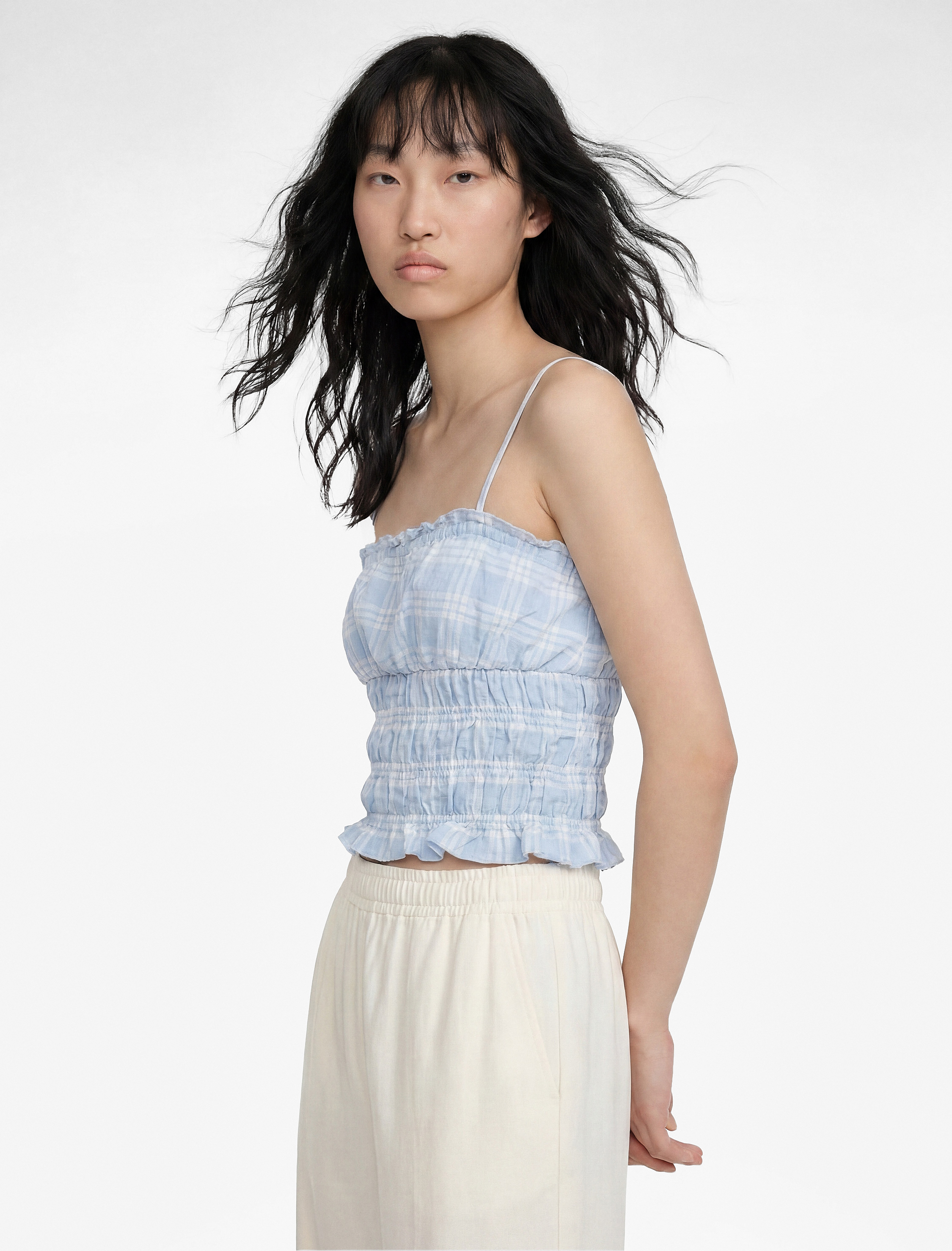   Slim Fit Gofre Kumaş Gipeli Kolsuz Kareli Crop Bluz