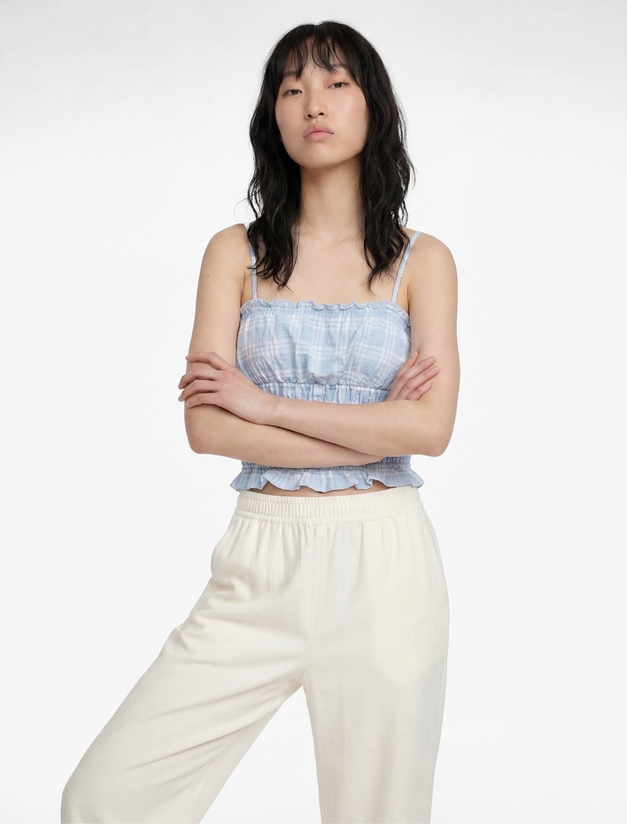  Slim Fit Gofre Kumaş Gipeli Kolsuz Kareli Crop Bluz