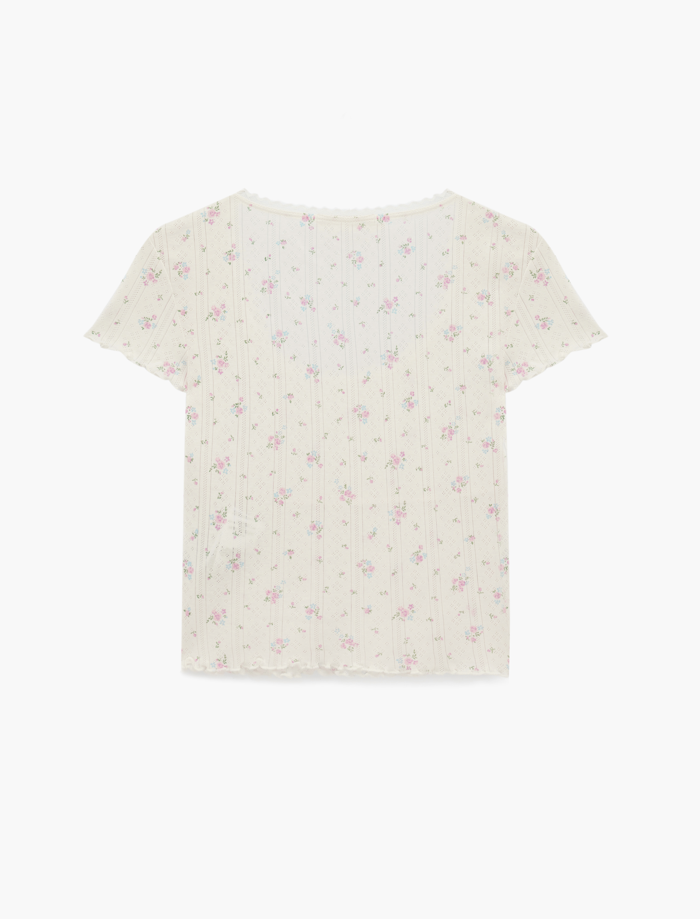   Pamuklu Yuvarlak Yaka Kısa Kollu Çiçek Desenli Pijama Üstü